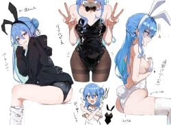 1girls ass blue_eyes blue_hair breasts bunny_ears bunny_tail bunnysuit coat curvy double_v hips hololive hololive_gen_0 hololive_japan hoshimachi_suisei japanese_text multiple_poses panties sideboob sitting smile text thighs v virgo_illustsub virtual_youtuber