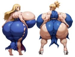 2girls ai_generated ass big_ass big_breasts blonde_hair blue_dress dr.stone huge_ass huge_breasts hyper hyper_ass hyper_breasts kohaku_(dr.stone) muscular_female pussy_lips ruri_(dr.stone) sisters tight_clothing