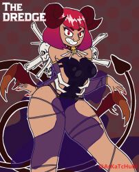 abs arkatchum big_breasts chocker collar cosplay dbd dead_by_daylight demon demon_girl demon_horns demon_tail exposed_breasts exposed_pussy horns karina_(arkatchum) muscular muscular_female oc original_character solo solo_female swimsuit the_dredge thick_thighs