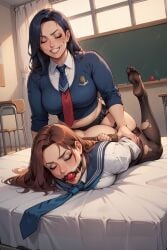 ai_generated ambiguous_penetration arms_behind_back ballgag birdawg16 classroom dildo doggy_style eyes_closed lezdom pantyhose red_ball_gag ripped_stockings school school_uniform schoolgirl smirk strap-on strap-on_dildo strap-on_sex strapon student thrusting tied_up yuri