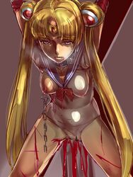 bishoujo_senshi_sailor_moon blonde_hair blood blue_eyes bondage censored chains clothing dark dodai_shouji highres injury magical_girl nipple_piercing nipples piercing sailor_moon small_breasts tears tiara tied_hair torn_clothes twintails usagi_tsukino