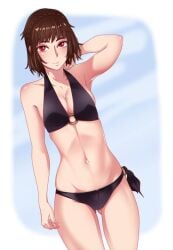 1girls bikini black_bikini black_swimsuit breasts brown_hair crown_braid hand_behind_head large_breasts looking_at_viewer makoto_niijima midriff navel o-ring o-ring_bikini o-ring_swimsuit persona persona_5 red_eyes short_hair side-tie_bikini side-tie_swimsuit swimsuit urbatman