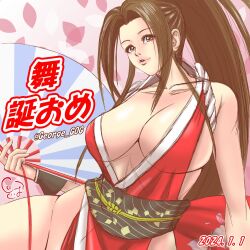 1girls belt big_breasts brown_eyes brown_hair cleavage fan female japanese japanese_clothes king_of_fighters light-skinned_female light_skin long_hair mai_shiranui petals red_clothing