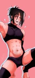 black_hair black_socks crop_top demon_boy demon_humanoid fangs femboy femboy_hooters femboy_only incubus red_eyes twink yaoi