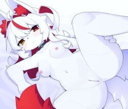 1boy1girl big_breasts devvoxy from_side furry knia_(devvoxy) on_side red_highlights white_fur white_hair