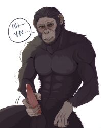 anthro ape blush bodily_fluids brown_body brown_fur caesar_(planet_of_the_apes) chimpanzee cum fangs fur genital_fluids genitals green_eyes haplorhine hi_res lemonxlime looking_at_viewer male male_only mammal masturbation muscular muscular_male pan_(genus) penis planet_of_the_apes primate simple_background solo speech_bubble teeth teeth_showing white_background