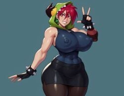 1girls ai_generated avlai big_breasts breast_grab breasts breasts_out clothing crazy crazy_eyes demencia demencia_(villainous) female female_focus female_only focus green_hair human looking_at_viewer rampage0118_(style) red_eyes solo solo_female villainous voluptuous voluptuous_female