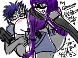 2girls blue_hair bottomless facesitting female hit-girl kick-ass latex marvel marvel_comics multiple_girls purple_hair tourniquettes yuri