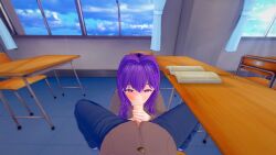 1boy 1girls 3d big_penis blowjob classroom doki_doki_literature_club female gomgom heart-shaped_pupils human human_only koikatsu light-skinned_female light-skinned_male light_skin male male/female penis purple_eyes purple_hair student yuri_(doki_doki_literature_club)