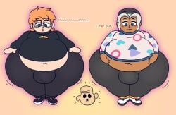 2boys animal_crossing animal_crossing_boy belly_peek big_ass big_belly bottom_heavy cursed_item dialogue drawful-s english_text front_view fully_clothed groping_belly growth gyroid huge_ass huge_belly hyper_ass hyper_belly only_player original_character tagme villager_(animal_crossing)