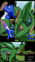 2boys anal anal_insertion anal_sex anal_vore anthro anus blue_eyes blue_skin claws comic cum dragon erection feral gay green_roon green_skin insertion male male_only muscular orgasm outdoors penetration penis raised_tail reptile scalie sex size_difference tail text vore wings x-ray yellow_eyes