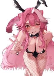 1girls amatto animal_ears black_bowtie blush bowtie breasts bunnysuit fake_animal_ears fake_rabbit_ears female female_only hololive hololive_english hololive_english_-justice- huge_breasts light-skinned_female light_skin one_eye_closed panther_ears panther_girl panther_tail pink_hair raora_panthera solo tail v virtual_youtuber yellow_eye