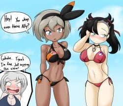 2021 3girls ally_(sandwich-anomaly) bea_(pokemon) big_breasts bikini black_bikini black_hair blue_eyes blush breasts chocolate_and_vanilla curvy curvy_female dark-skinned_female dark_skin dialogue digital_drawing_(artwork) digital_media_(artwork) english_text eyelashes female female_focus female_only grey_eyes grey_hair gym_leader hi_res light-skinned_female light_skin marnie_(pokemon) nintendo nosebleed open_smile outside pokemon pokemon_ss red_bikini sandwich-anomaly short_hair side-tie_bikini skimpy skimpy_bikini sky_background speech_bubble teal_eyes trio trio_focus