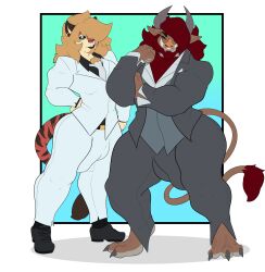 2024 2_horns 3_toes anthro balls_outline beard black_clothing black_footwear black_shoes blue_eyes brown_body brown_fur bulge claws clothed clothed_anthro clothed_male clothing detailed_bulge dragon duo ear_piercing ear_ring facial_hair feet felid finn_(pillowymounds) footwear fur genital_outline gold_ear_ring grey_clothing grey_eyes grey_horn grey_suit hair hair_over_eye hi_res horn hybrid looking_at_viewer male mammal multicolored_body multicolored_fur mythological_creature mythological_scalie mythology necktie orange_body orange_fur pantherine penis_outline piercing pillowymounds red_body red_fur red_hair ring_piercing scalie standing suid suina suit sus_(pig) tail tan_body tan_fur thick_thighs tiger toe_claws toes white_clothing white_necktie white_suit wild_boar xhyra