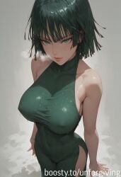 ai_generated belly breasts collarbone covered_nipples fubuki_(one-punch_man) green_dress green_eyes green_hair hips hot_breath large_breasts one-punch_man short_hair taut_clothes tight_clothing unforgiving wet wet_body wet_clothes wet_skin