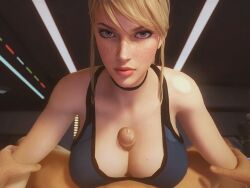 3d artist_request bayernsfm blonde_hair choker freckles holding_arms large_breasts looking_at_viewer metroid paizuri partial_male samus_aran sports_bra tagme