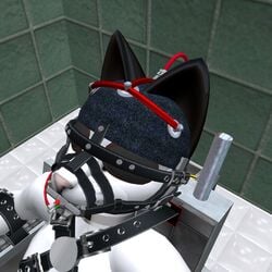 anthro blindfold bondage bound electricity electroshock_helmet fear feline fur furry gag gay male muzzle_(object) muzzled