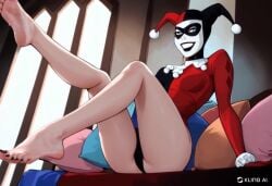 ai_assisted ai_generated batman:_the_animated_series batman_(series) bed civitai clown dc_comics dcau feet feet_focus feet_up female female_only foot_fetish happy harley_quinn harley_quinn_(classic) jester low-angle_view pillows slim smug solo solo_female solo_focus sweaty_feet tagme video