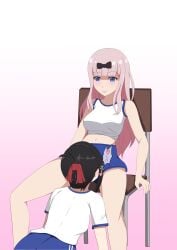 2girls blue_eyes dark_hair female_only femalesub femdom fujiwara_chika kaguya-sama_wa_kokurasetai_~tensai-tachi_no_renai_zunousen~ pink_hair pussy_worship shinomiya_kaguya smell smelly_pussy worship worshipping yuri