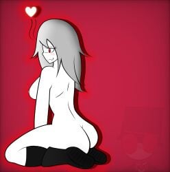 almost_naked ass black_boots black_socks blush commission ghost ghost_girl looking_at_viewer looking_back oc pale-skinned_female pale_skin sitting suggestive_look suggestive_pose suggestive_smile white_hair