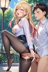 1boy 1girls ahe_gao ai_generated black_legwear blonde_hair breast_grab cum cum_drip cum_in_pussy cum_inside cutout ejaculation feet gojou_wakana heterochromia hi_res holding_leg kitagawa_marin leg_grab legwear lifting long_hair long_sleeves miniskirt multicolored_hair office_lady pantyhose pencil_skirt penis pink_hair pussy pussy_cutout rolling_eyes saliva sex sex_from_behind shaking shirt skirt sono_bisque_doll_wa_koi_wo_suru stable_diffusion straight surprised vaginal_penetration white_shirt