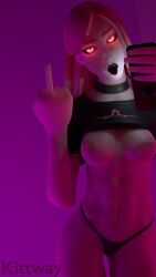 breasts breasts_out choker female female_only flipping_off fortnite glowing_eyes haze_(fortnite) kitway middle_finger panties partially_clothed partially_clothed_female shirt shirt_lift shirt_up solo solo_female tongue