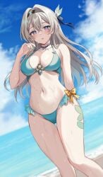 1girls 2024 2d 2d_(artwork) alternate_costume beach belly_button bikini bikini_bottom bikini_top bra clouds day female female_focus female_only firefly_(honkai:_star_rail) front_view grey_hair harimoji honkai:_star_rail honkai_(series) light-skinned_female light_skin long_hair looking_at_viewer medium_breasts navel ocean outdoors sky slim_girl solo solo_female solo_focus standing summer swimsuit thong thong_bikini two_piece_swimsuit water wet wet_body young younger_female