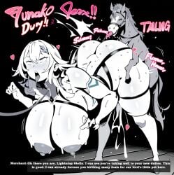 ahe_gao ai_generated cum cum_inside dangling_breasts donkey effects english_text fantasy harness heart huge_ass huge_breasts interspecies leash nipples rotmantea sex size_difference small_dom_big_sub smaller_male stylized sweat text text_box tongue_out zoophilia