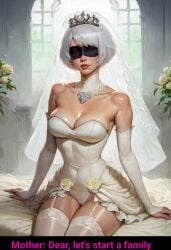 1girls ai_generated arm_support bare_shoulders bed_sheet black_blindfold blindfold breasts bridal_gauntlets bridal_veil bride cleavage collarbone covered_eyes covered_navel detached_collar detached_sleeves dress facing_viewer flower garter_straps gloves indoors jewelry large_breasts leotard lips medium_breasts milf mole mole_under_mouth mommy nier:_automata nose on_bed philon realistic rose shiny shiny_skin short_hair sitting solo stable_diffusion strapless strapless_dress strapless_leotard thighhighs tiara veil wedding_dress white_dress white_gloves white_hair white_leotard white_thighhighs window yellow_flower yellow_rose yorha_2b