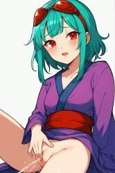 1girls ai_generated autismmix_confetti_(model) blush comfyui female female_masturbation female_only female_orgasm fingering fingering_pussy fingering_self goggles_on_head green_hair gumi kimono looking_at_viewer masa_works_design masturbation milua mv_character no_panties oni_to_kitsune_no_hanashi open_mouth orgasm purple_kimono pussy pussy_juice red_eyes red_goggles red_sash sash self_upload short_hair_with_long_locks solo solo_female squirting unidentified_doll_owner vocaloid young