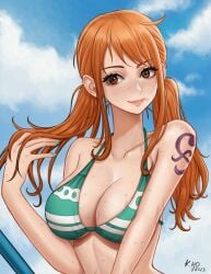 bikini female female_only kyopink long_hair nami nami_(one_piece) one_piece orange_hair post-timeskip striped_bikini