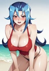 1girl ai_generated beach_background bikini blue_hair blush crouching crouching_female duelistmuser erect_nipples female hi_res huge_breasts kamishiro_rio long_hair looking_at_viewer mature_body muscular muscular_female navel pose red_eyes rio_kamishiro seductive seductive_look smile solo summer sweatdrop swimsuit yu-gi-oh! yu-gi-oh!_zexal