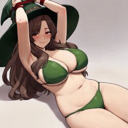 1girls ai_generated armpits bikini bondage bound_wrists brown_hair hands_above_head large_breasts magicman-chan magicman1410 magicwoman midriff navel tied_up witch witch_hat wizard_hat