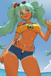 1girls abs ass big_ass big_thighs bikini blue_eyes brazil brazilian brazilian_female brazilian_miku breasts butt cyan_eyes cyan_hair female female_only glasses_on_head green_hair hatsune_miku latin_american_hatsune_miku_(meme) long_hair looking_at_viewer medium_breasts minishorts revenantart shirt shorts smiling solo tagme tan tan_body tanline tanlines thick_hips thick_thighs thighs thong twintails underboob vocaloid yellow_shirt