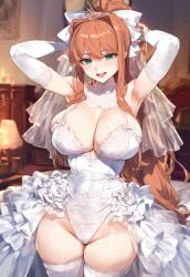 ai_generated artist_request before_sex doki_doki_literature_club imminent_cheating imminent_sex looking_at_viewer monika_(doki_doki_literature_club) wedding_dress wedding_lingerie