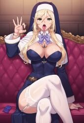 ai_generated blonde_hair breasts condom condom_wrapper curvy engage_kiss fellatio_gesture green_eyes looking_at_viewer naughty_face nun nun_outfit sharon_holygrail sitting stockings thick_thighs tongue tongue_out