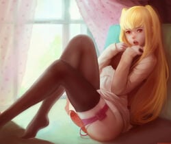 1boy :o androgynous arms_on_collarbone bed blonde_hair bottomless crossdressing cum dress dress_aside dress_lift erection femboy girly hands_on_own_chest hands_to_chest highres holding_pillow long_hair male_only male_solo maria_holic penis pigtails red_eyes shidou_mariya solo solo_male stockings tear thighhighs tied_hair tongue trap twintails ulrik very_long_hair vibrator window