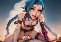 1boy 1boy1girl 1girls absurd_res ai_generated anaslex asymmetrical_gloves asymmetrical_legwear bandolier belt blue_hair braided_hair braided_twintails breasts cowgirl_position exposed_breasts fishnet_legwear hi_res jinx_(league_of_legends) kittew_(style) league_of_legends long_hair looking_at_viewer male necklace open_mouth pale-skinned_female pale_skin penetration penis pov riot_games sex single_thighhigh skindentation small_breasts smile stockings tattoo thighhighs thighs twin_braids twintails vaginal_penetration