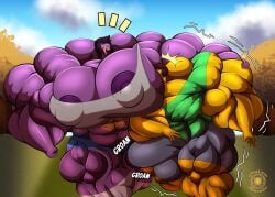 anthro big_breasts big_muscles breasts bulge clothing deltarune dinosaur female growth hi_res huge_breasts huge_muscles human humanoid hyper hyper_breasts hyper_muscles kris_(deltarune) male male/female mammal muscular outlaw_monkey_x outlawmonkeyx prehistoric_species reptile scalie smothering susie_(deltarune) undertale_(series)