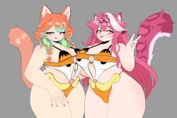 2girls bikini catgirl female_only garfield_(series) hololive hololive_english hololive_english_-justice- hololive_myth large_breasts light-skinned_female one-piece_swimsuit orange_hair peace_sign peagade pink_hair raora_panthera takanashi_kiara thick_thighs tongue_out virtual_youtuber wide_hips