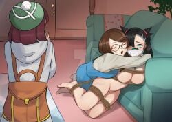 3girls arms_tied_behind_back backpack black_hair bondage bondage breasts brown_hair cardigan closed_eyes clothed_female_nude_female couch gag gagged glasses gloria_(pokemon) green_eyes grey_cardigan grey_shirt hat large_breasts legs_tied marnie_(pokemon) medium_breasts milf mother_(pokemon_ss) mother_and_daughter nintendo nude nude_female on_floor over_the_mouth_gag overalls pokemon pokemon_ss punksamurai rope rope_bondage shirt short_hair twintails yuri