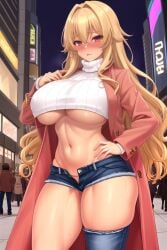 ai_generated big_breasts big_thighs blonde_hair blush coat cropped_sweater denim denim_shorts gyaru hand_on_hip huge_breasts jean_shorts long_hair nakiri_erina pink_coat pink_eyes shokugeki_no_souma street tight_sweater turtleneck turtleneck_sweater underboob underboob_sweater wide_hips zarazin