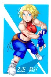 belt big_breasts big_breasts blonde_hair blue_eyes blue_mary female gloves jeans king_of_fighters light_skin muscular muscular_female necklace pants red_tank_top shoes short_hair star tank_top thick white_shoes