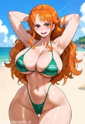 1girls ai_generated amiral_ai bare_arms bare_legs bare_shoulders bare_thighs big_breasts bikini bikini_bottom bikini_top blush clothed clothing color female female_focus female_only fit_female hi_res large_breasts light-skinned_female light_skin long_hair looking_at_viewer nami nami_(one_piece) one_piece orange_eyes orange_hair shounen_jump solo solo_female tagme thick_thighs