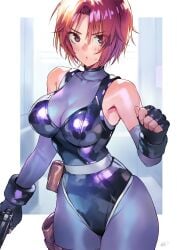 2024 bare_shoulders belt_pouch black_leotard bodysuit breasts capcom covered_collarbone dino_crisis female female female_only fingerless_gloves gloves grey_bodysuit gun handgun hi_res highleg highleg_leotard highres holding holding_weapon holster leotard light_blush looking_at_viewer matsuda_(matsukichi) medium_breasts pouch red_eyes red_hair regina_(dino_crisis) short_hair signature skin_tight sleeveless solo sweat sweatdrop thigh_holster turtleneck weapon