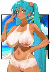 absurdres aqua_eyes aqua_hair brazil brazilian brazilian_female brazilian_miku breasts completely_nude covered_nipples earrings female flower hair_between_eyes hair_flower hair_ornament hand_on_own_hip hatsune_miku highres huge_breasts jewelry large_breasts latin_american_hatsune_miku_(meme) light_particles long_hair looking_at_viewer mousekkk navel nude pussy sidelocks smile solo stomach suntan sweat sweatdrop tan tanline tanlines thighs tongue tongue_out twintails uncensored v vocaloid