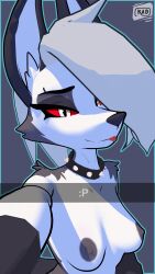 1girls 3d anthro collar female female_only furry grey_fur grey_nipples helluva_boss kadith loona_(helluva_boss) medium_breasts nipples red_sclera selfie solo solo_female spiked_collar tongue tongue_out white_body white_hair wolf wolf_ears wolf_girl wolf_humanoid