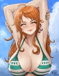 bikini female female_only kyopink long_hair nami nami_(one_piece) one_piece orange_hair post-timeskip striped_bikini