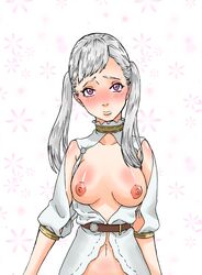 1girls black_clover blush breasts clothed collar edit exposed_breasts female female_only guranada naked noelle_silva pale_skin purple_eyes shy silver_hair solo tied_hair wizard