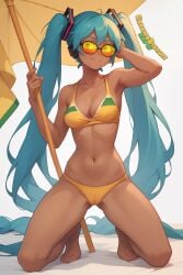 ai_assisted ai_generated aqua_hair arm_up armpits ass_visible_through_thighs bangs barefoot bikini brazil brazilian brazilian_female brazilian_miku breasts cameltoe cleavage closed_mouth creamybiscuit dark_skin dark_skinned_female feet green_eyes hatsune_miku headphones kneeling latin_american_hatsune_miku_(meme) long_hair navel orange_tinted_eyewear smile stomach sunglasses swimsuit tinted_eyewear twintails umbrella very_long_hair vocaloid yellow_bikini yellow_tinted_eyewear